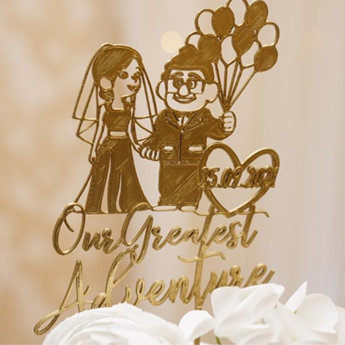 Custom Animated Couple Wedding Cake Topper – “Our Greatest Adventure” 3D Printed Design