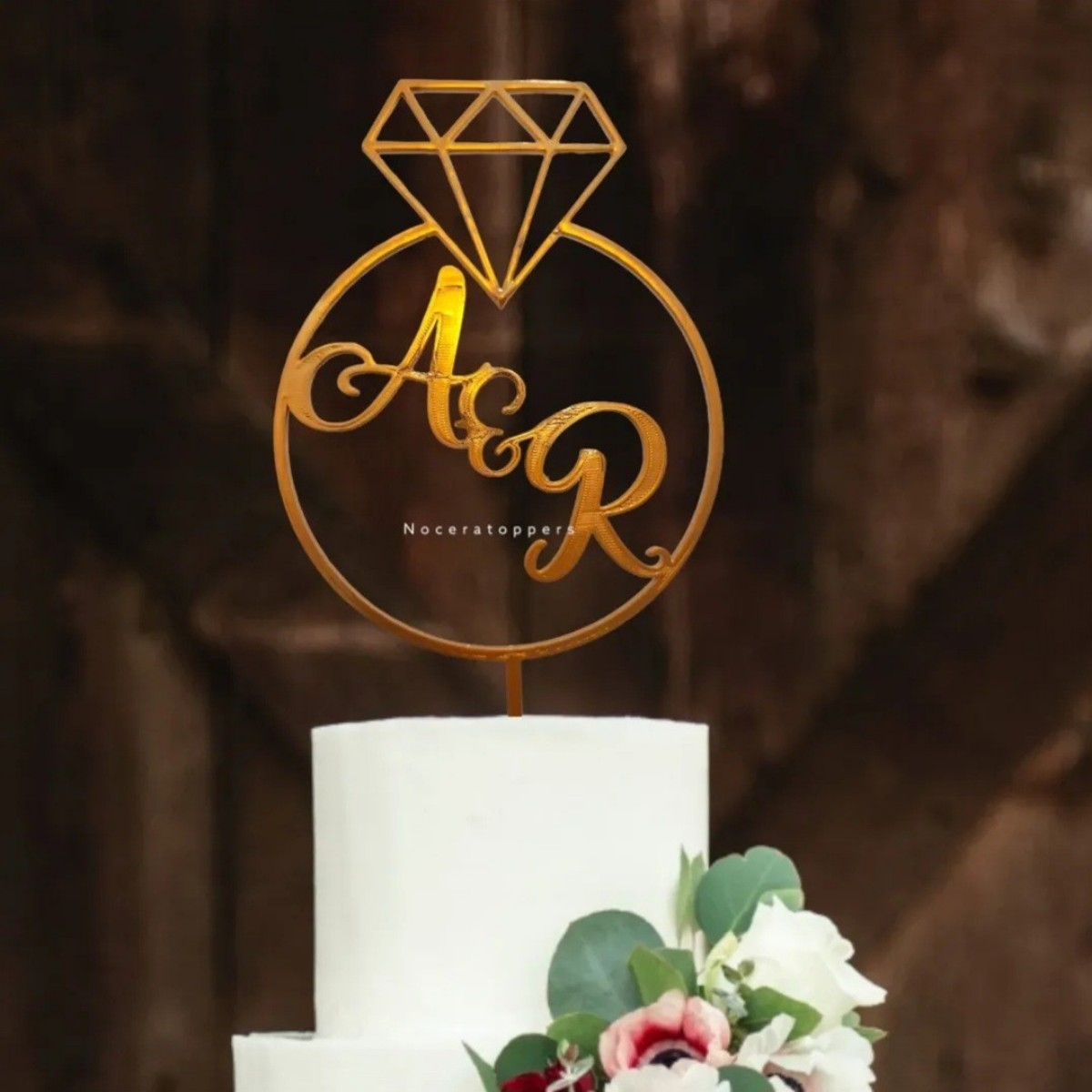 Personalized Diamond Ring Wedding Cake Topper – Custom Initials 3D Printed