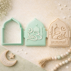 Eid Mubarak Arabic & English Cookie Cutter Set – Mosque Arch Embosser Design